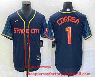 Men's Houston Astros #1 Carlos Correa 2022 Navy Blue City Connect Cool Base Stitched Jersey
