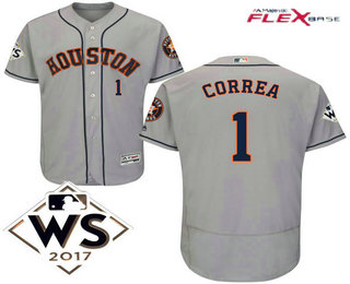 Men's Houston Astros #1 Carlos Correa Gray Road 2017 World Series Patch Flex Base MLB Jersey