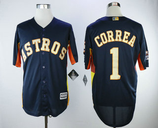 Men's Houston Astros #1 Carlos Correa Navy Blue with Gold Cool Base Stitched 2017 World Series Champions Patch Jersey
