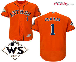 Men's Houston Astros #1 Carlos Correa Orange Alternate 2017 World Series Patch Flex Base MLB Jersey