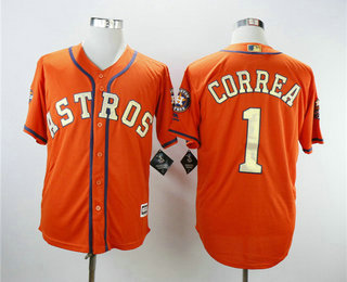 Men's Houston Astros #1 Carlos Correa Orange with Gold Cool Base Stitched 2017 World Series Champions Patch Jersey
