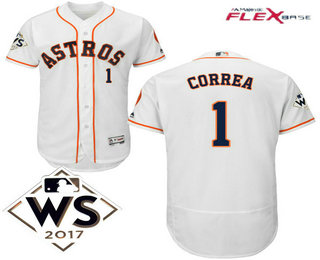 Men's Houston Astros #1 Carlos Correa White Home 2017 World Series Patch Flex Base MLB Jersey