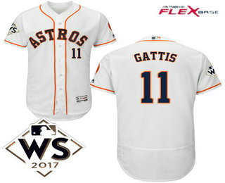 Men's Houston Astros #11 Evan Gattis White Home 2017 World Series Patch Flex Base MLB Jersey