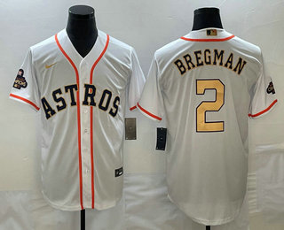 Men's Houston Astros #2 Alex Bregman 2023 White Gold World Serise Champions Patch Cool Base Stitched Jersey 01