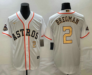 Men's Houston Astros #2 Alex Bregman Number 2023 White Gold World Serise Champions Patch Cool Base Stitched Jersey 01