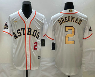 Men's Houston Astros #2 Alex Bregman Number 2023 White Gold World Serise Champions Patch Cool Base Stitched Jersey 02