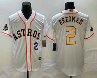 Men's Houston Astros #2 Alex Bregman Number 2023 White Gold World Serise Champions Patch Cool Base Stitched Jersey 03