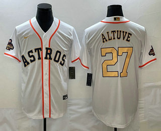 Men's Houston Astros #27 Jose Altuve 2023 White Gold World Serise Champions Patch Cool Base Stitched Jersey 01