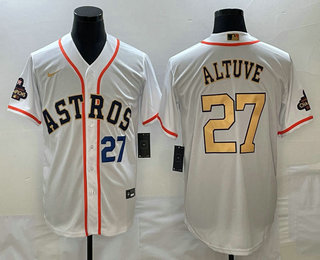 Men's Houston Astros #27 Jose Altuve Number 2023 White Gold World Serise Champions Patch Cool Base Stitched Jersey 01