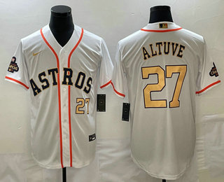Men's Houston Astros #27 Jose Altuve Number 2023 White Gold World Serise Champions Patch Cool Base Stitched Jersey 02