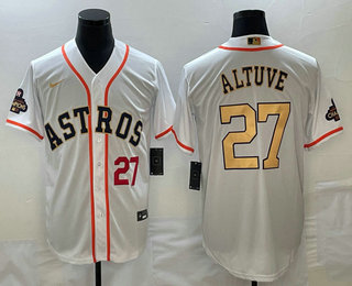 Men's Houston Astros #27 Jose Altuve Number 2023 White Gold World Serise Champions Patch Cool Base Stitched Jersey 03