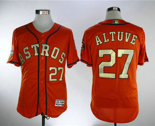 Men's Houston Astros #27 Jose Altuve Orange with Gold Home Stitched MLB 2017 World Series Champions Patch Flex Base Jersey