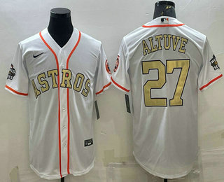 Men's Houston Astros #27 Jose Altuve White Gold 2022 World Series Champions Stitched Cool Base Nike Jersey
