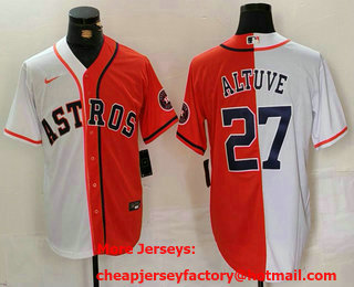 Men's Houston Astros #27 Jose Altuve White Orange Blue Number Split Stitched Baseball Jersey