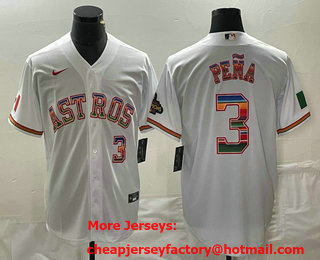 Men's Houston Astros #3 Jeremy Pena Number White Rainbow World Serise Champions Patch Cool Base Stitched Jersey