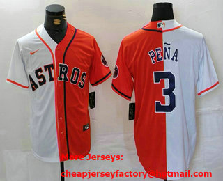 Men's Houston Astros #3 Jeremy Pena White Orange Split Stitched Baseball Jersey 01