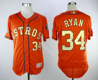 Men's Houston Astros #34 Nolan Ryan Orange with Gold Home Stitched MLB 2017 World Series Champions Patch Flex Base Jersey