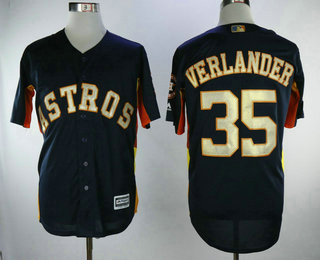 Men's Houston Astros #35 Justin Verlander Navy Blue with Gold Cool Base Stitched 2017 World Series Champions Patch Jersey