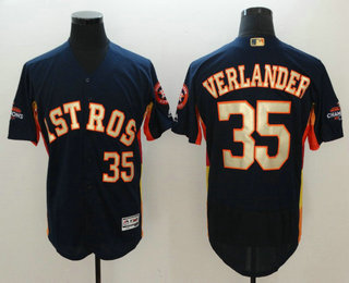Men's Houston Astros #35 Justin Verlander Navy Blue with Gold Home Stitched MLB 2017 World Series Champions Patch Flex Base Jersey