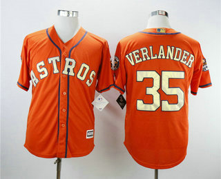 Men's Houston Astros #35 Justin Verlander Orange with Gold Cool Base Stitched 2017 World Series Champions Patch Jersey