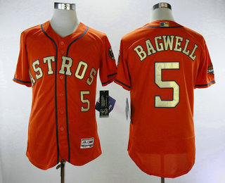 Men's Houston Astros #5 Jeff Bagwell Orange with Gold Home Stitched MLB 2017 World Series Champions Patch Flex Base Jersey
