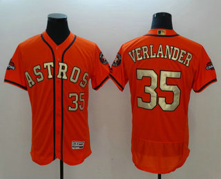 Men's Houston Astros #35 Justin Verlander Orange with Gold Home Stitched MLB 2017 World Series Champions Patch Flex Base Jersey
