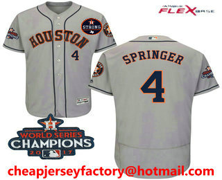 Men's Houston Astros #4 George Springer Gray Road 2017 World Series Champions And Strong Patch Flex Base MLB Jersey