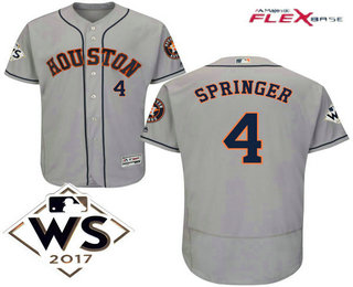 Men's Houston Astros #4 George Springer Gray Road 2017 World Series Patch Flex Base MLB Jersey