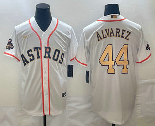 Men's Houston Astros #44 Yordan Alvarez 2023 White Gold World Serise Champions Patch Cool Base Stitched Jersey 01