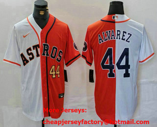 Men's Houston Astros #44 Yordan Alvarez Number White Orange Split Stitched Baseball Jersey 01