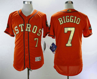 Men's Houston Astros #7 Craig Biggio Orange with Gold Home Stitched MLB 2017 World Series Champions Patch Flex Base Jersey