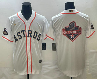 Men's Houston Astros Big Logo 2023 White Gold World Serise Champions Patch Cool Base Stitched Jersey 01