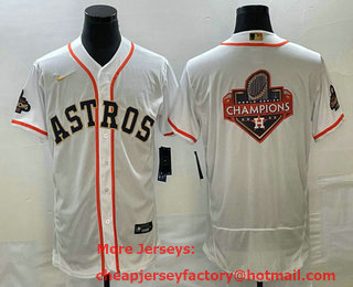 Men's Houston Astros Big Logo 2023 White Gold World Serise Champions Patch Flex Base Stitched Jersey 01