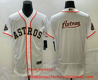 Men's Houston Astros Big Logo 2023 White Gold World Serise Champions Patch Flex Base Stitched Jersey 02