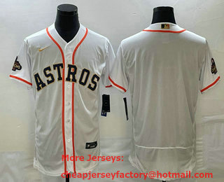 Men's Houston Astros Blank 2023 White Gold World Serise Champions Patch Flex Base Stitched Jersey 01