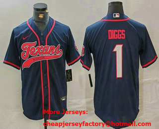 Men's Houston Texans #1 Stefon Diggs Navy With Patch Cool Base Stitched Baseball Jersey