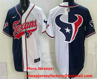 Men's Houston Texans Team Big Logo Navy White Split With Patch Cool Base Stitched Baseball Jersey