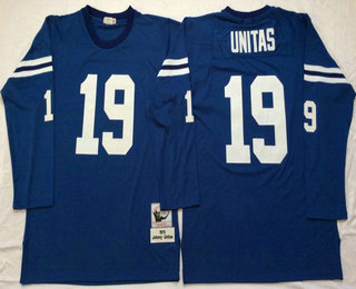 Men's Indianapolis Colts #19 Johnny Unitas Blue Long-Sleeved Stitched NFL Thowback Jersey