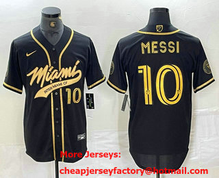 Men's Inter Miami CF #10 Lionel Messi Black Gold Cool Base Stitched Baseball Jersey