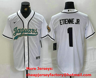 Men's Jacksonville Jaguars #1 Travis Etienne Jr White With Patch Cool Base Stitched Baseball Jersey