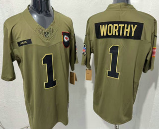 Men's Kansas City Chiefs #1 Xavier Worthy Olive 2025 FUSE Salute to Service Limited Jersey