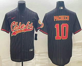 Men's Kansas City Chiefs #10 Isiah Pacheco Black Pinstripe With Patch Cool Base Stitched Baseball Jersey