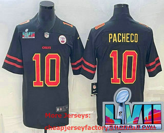 Men's Kansas City Chiefs #10 Isiah Pacheco Black Red Gold Super Bowl LVII Patch Vapor Untouchable Limited Stitched Jersey
