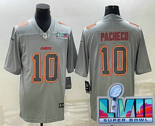 Men's Kansas City Chiefs #10 Isiah Pacheco Gray Super Bowl LVII Patch Atmosphere Fashion Stitched Jersey