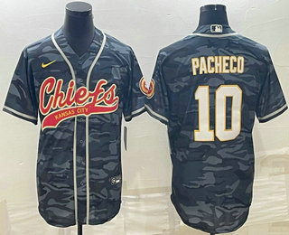 Men's Kansas City Chiefs #10 Isiah Pacheco Grey Camo With Patch Cool Base Stitched Baseball Jersey