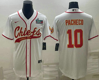 Men's Kansas City Chiefs #10 Isiah Pacheco White With Super Bowl LVII Patch Cool Base Stitched Baseball Jersey