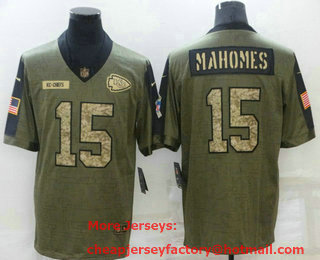 Men's Kansas City Chiefs #15 Patrick Mahomes 2021 Olive Camo Salute To Service Limited Stitched Jersey