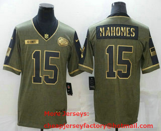 Men's Kansas City Chiefs #15 Patrick Mahomes 2021 Olive Salute To Service Golden Limited Stitched Jersey