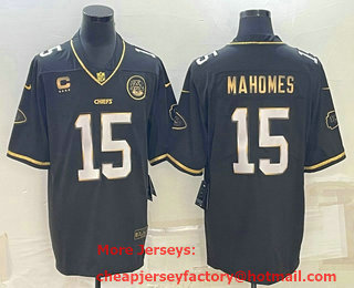 Men's Kansas City Chiefs #15 Patrick Mahomes Black Gold C Patch Vapor Untouchable Limited Stitched Jersey