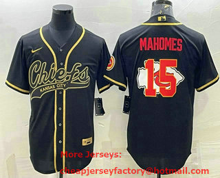 Men's Kansas City Chiefs #15 Patrick Mahomes Black Gold Team Big Logo With Patch Cool Base Stitched Baseball Jersey